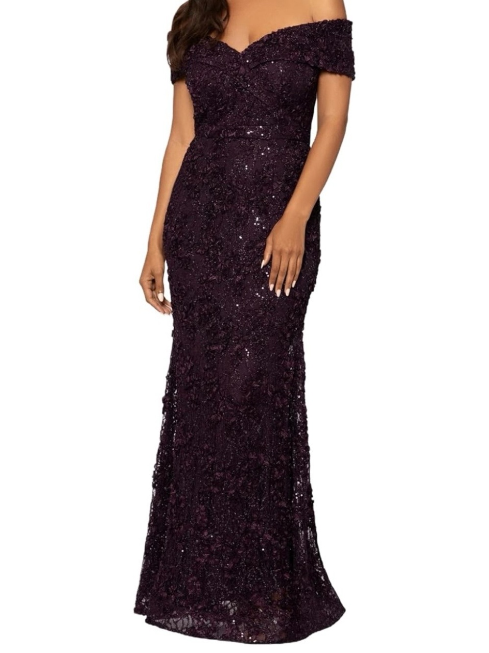 Xscape Women's Petite Off The Shoulder Sequin & Lace Overlay Evening Gown 14P
